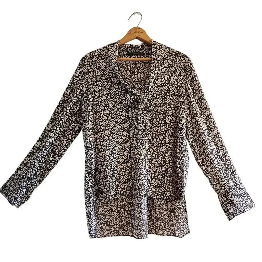 NWOT Zara Womens Black White Floral Pullover Tie Hi Low Pullover Blouse …